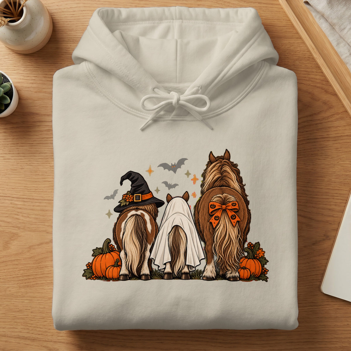 Three horses with Halloween costumes: witch hat, ghost, and bow.
