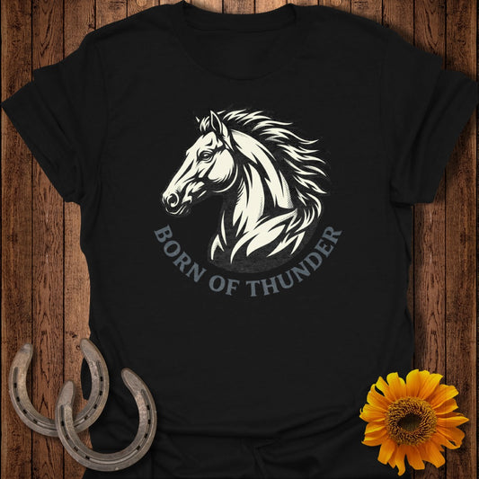 Black t-shirt with a white horse head graphic and "Born of Thunder" text.
