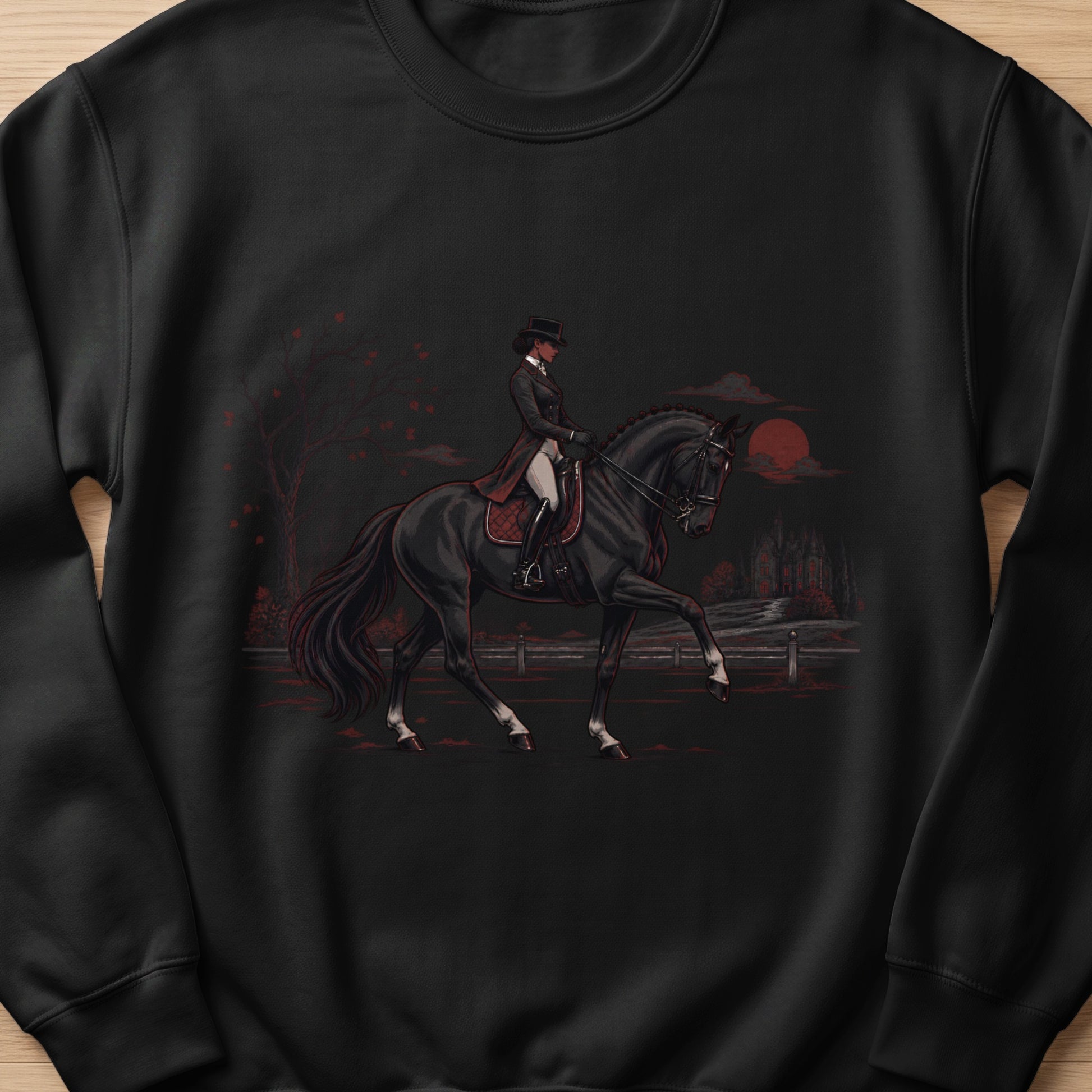 Black sweatshirt with a dressage rider on a black horse and a gothic manor.