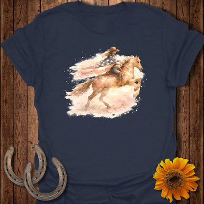 Woman in cowboy hat riding a horse with an American flag watercolor design.