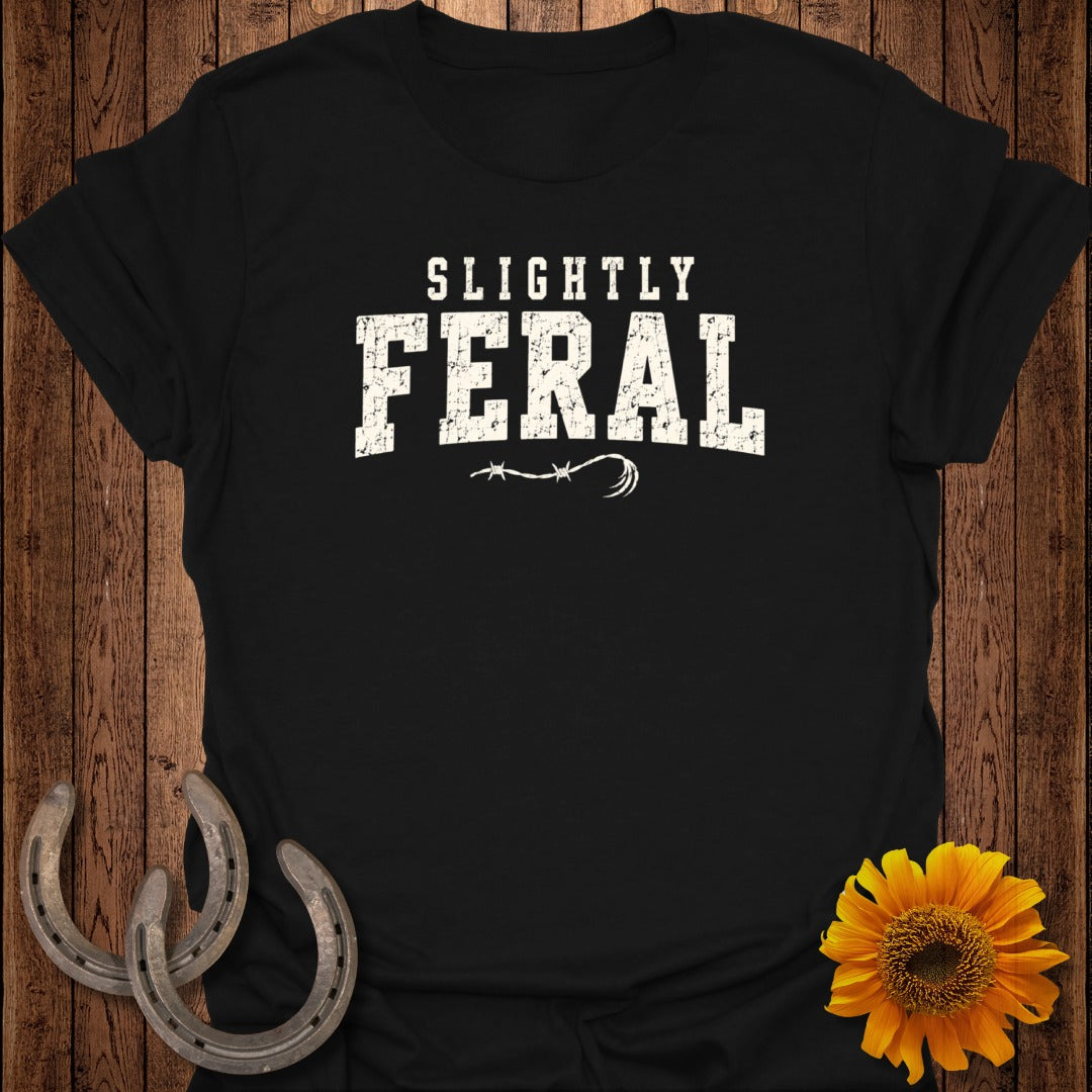 Black t-shirt with "SLIGHTLY FERAL" text, horseshoes, and sunflower.