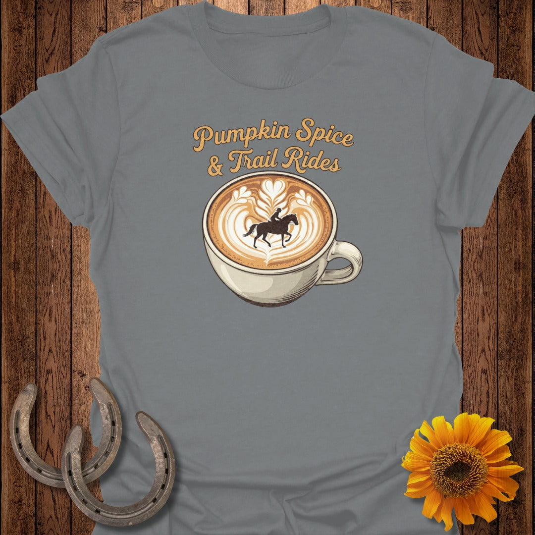 Pumpkin Spice & Trail Rides text above coffee cup with horse rider latte art.