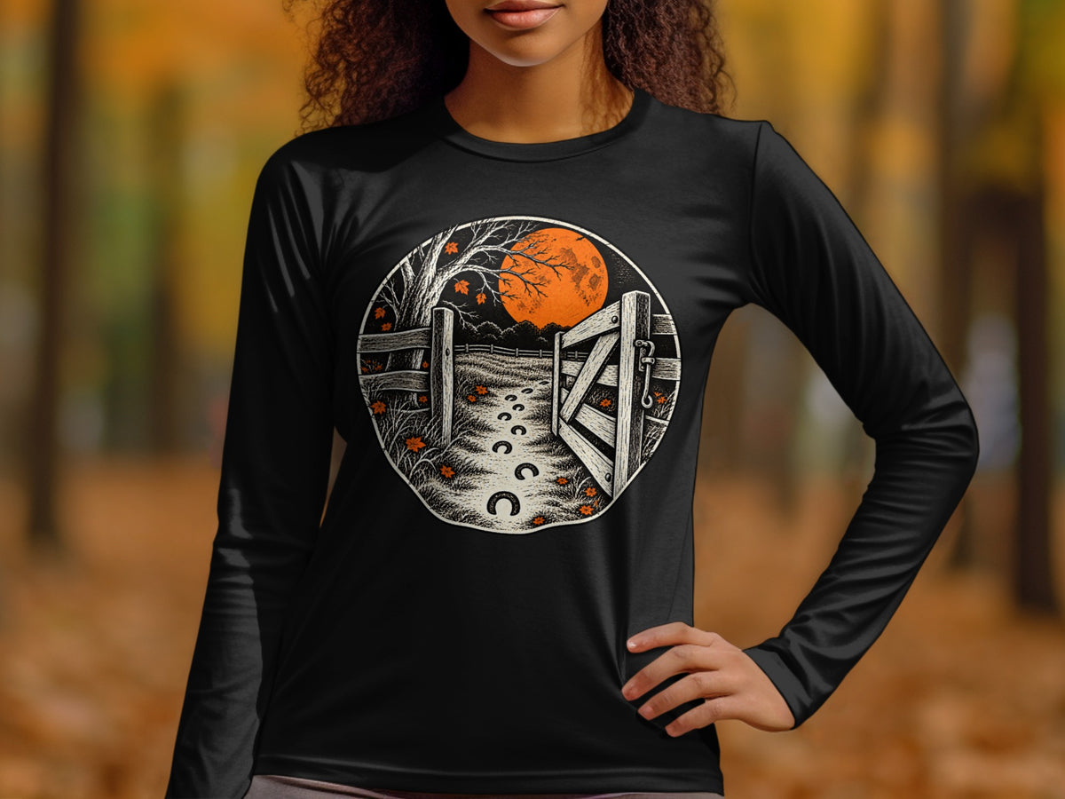Black long-sleeve shirt with a circular graphic of a moonlit path and open gate.