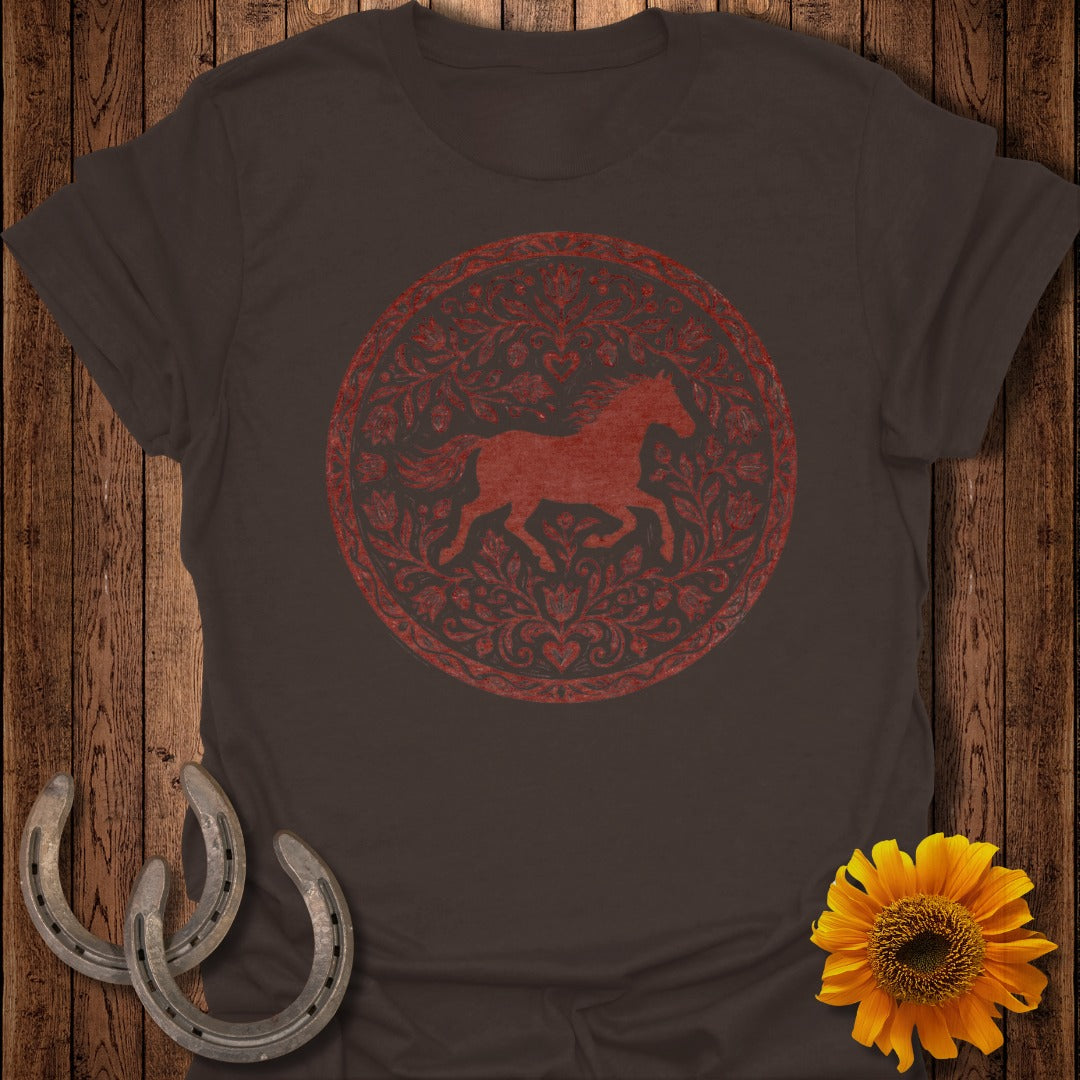 Dark brown t-shirt with a circular red horse and floral design.