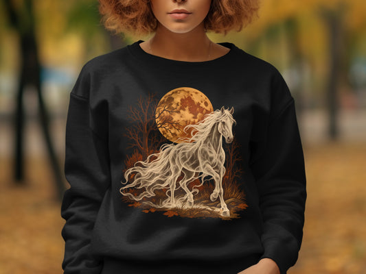 Black sweatshirt with a ghost horse and moon graphic design.