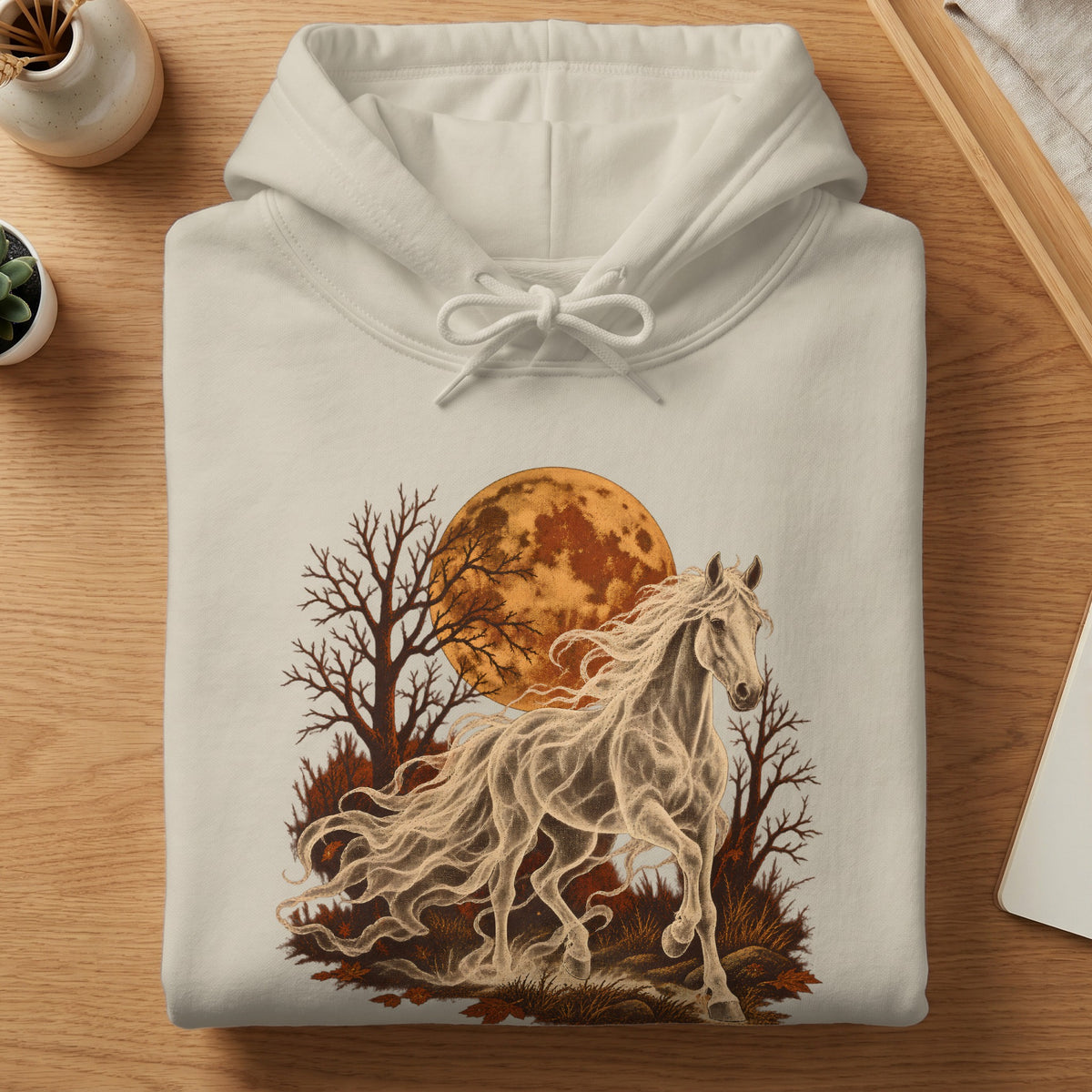 Cream hoodie with a ghost horse, trees, and moon graphic.