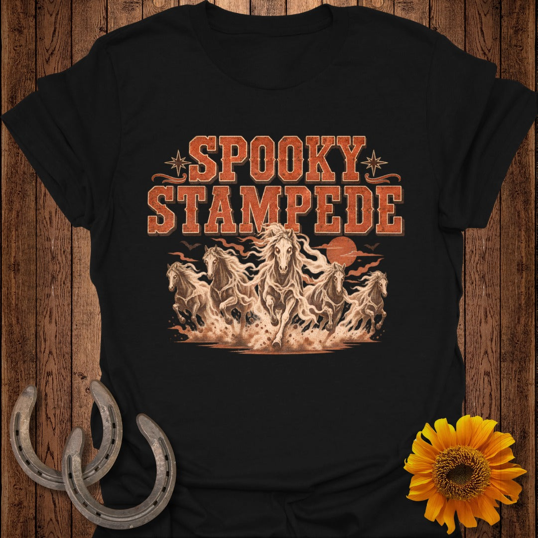 Black t-shirt with "Spooky Stampede" text and five running horses.