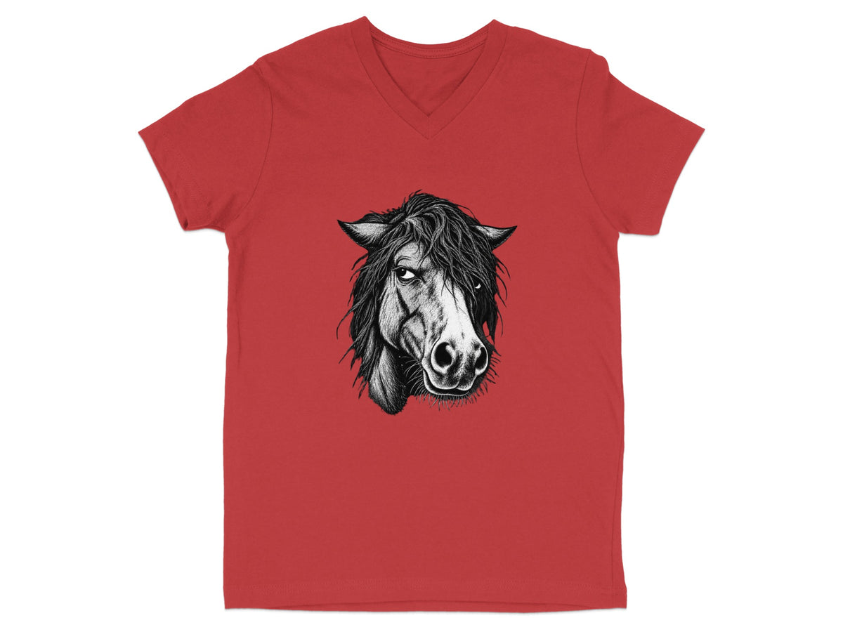 Red v-neck t-shirt with a black and white sketch of a horse's head.