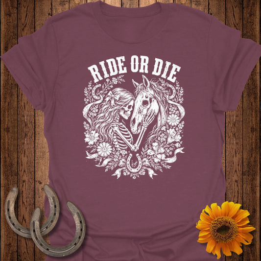 Skeleton woman and horse with "Ride or Die" text and floral accents.