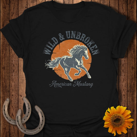 Black t-shirt with distressed "Wild & Unbroken American Mustang" text and horse graphic.