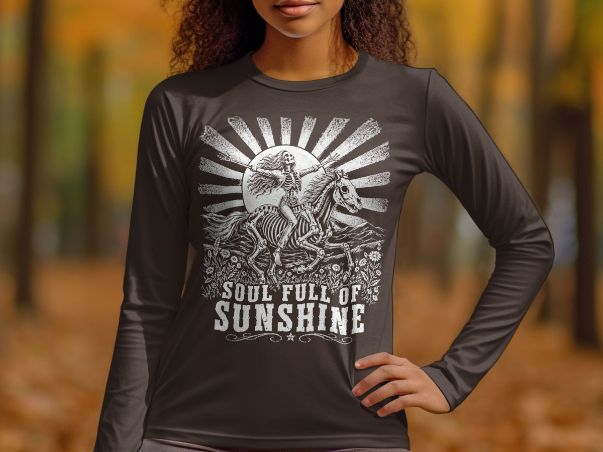 Skeleton riding horse with sunburst and text "SOUL FULL OF SUNSHINE"