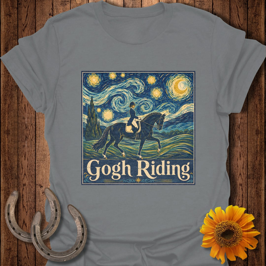 T-shirt with "Gogh Riding" text and a Van Gogh-style depiction of a person riding a horse under a starry sky.