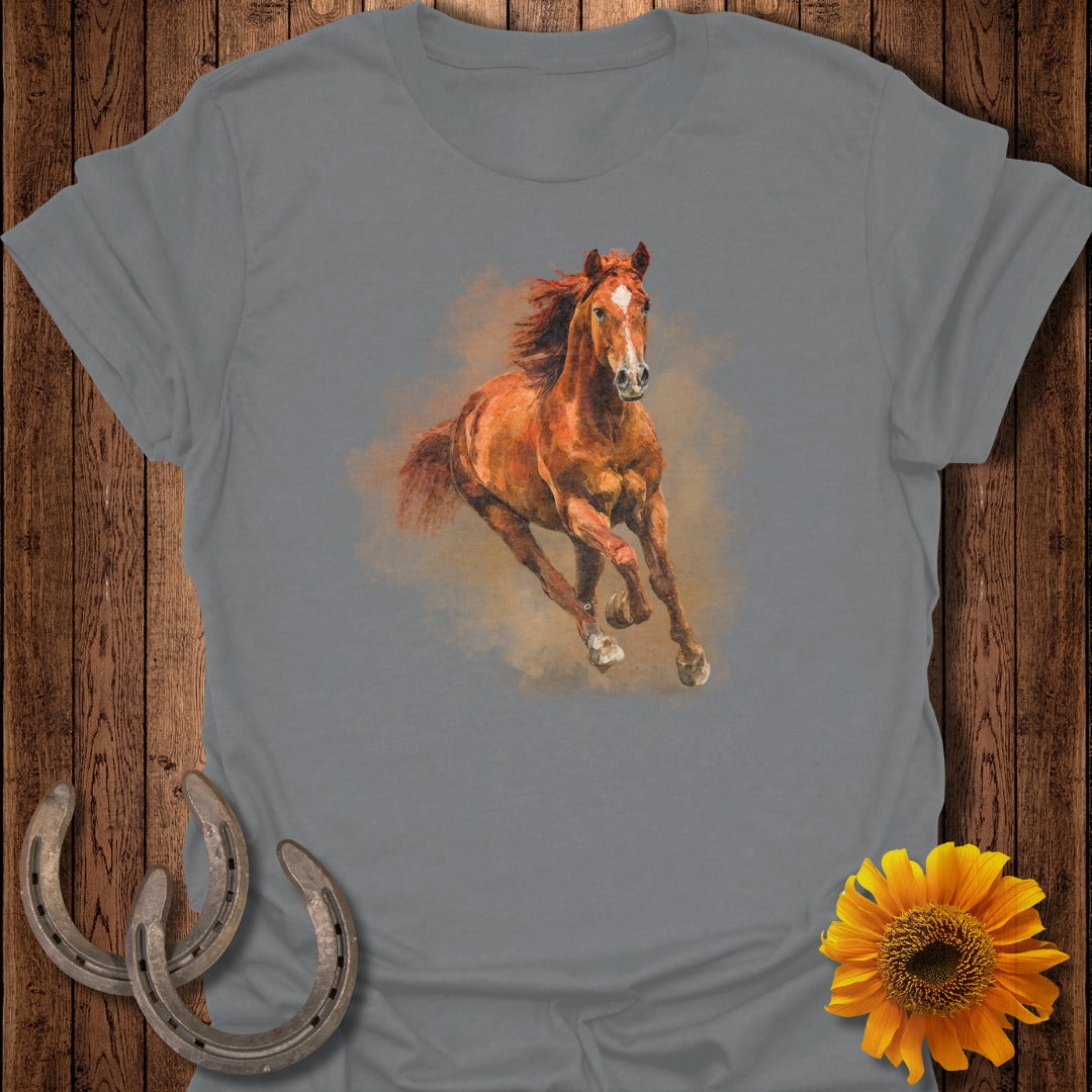 Brown horse galloping, with sunflowers and horseshoes, on a t-shirt.