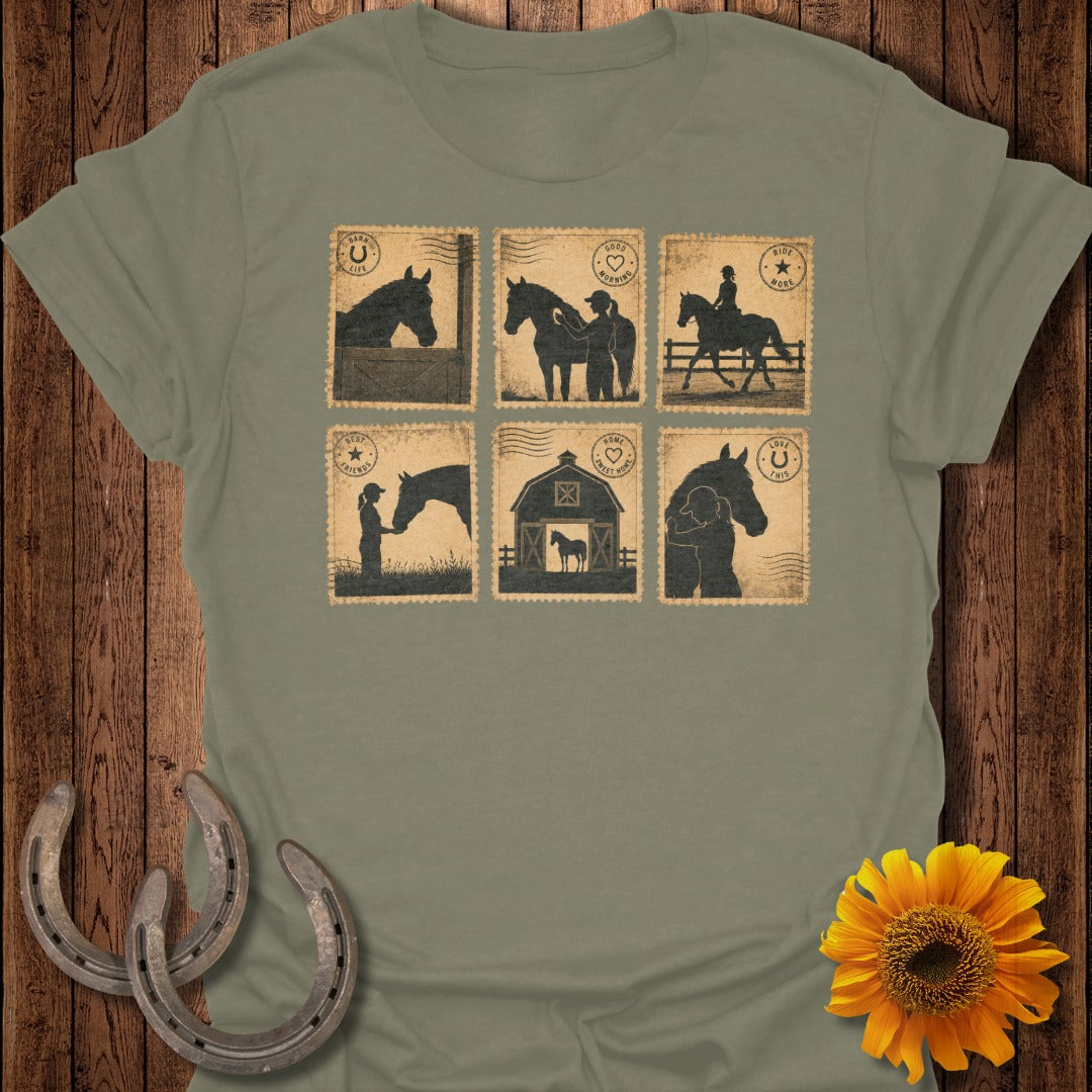 T-shirt graphic with six vintage-style horse postage stamps.