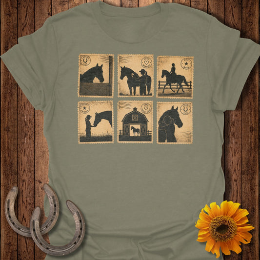 T-shirt graphic with six vintage-style horse postage stamps.