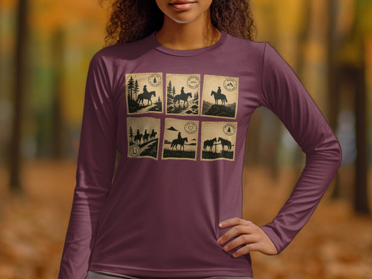 Long-sleeve shirt with six vintage stamp-style graphics of horses and riders.