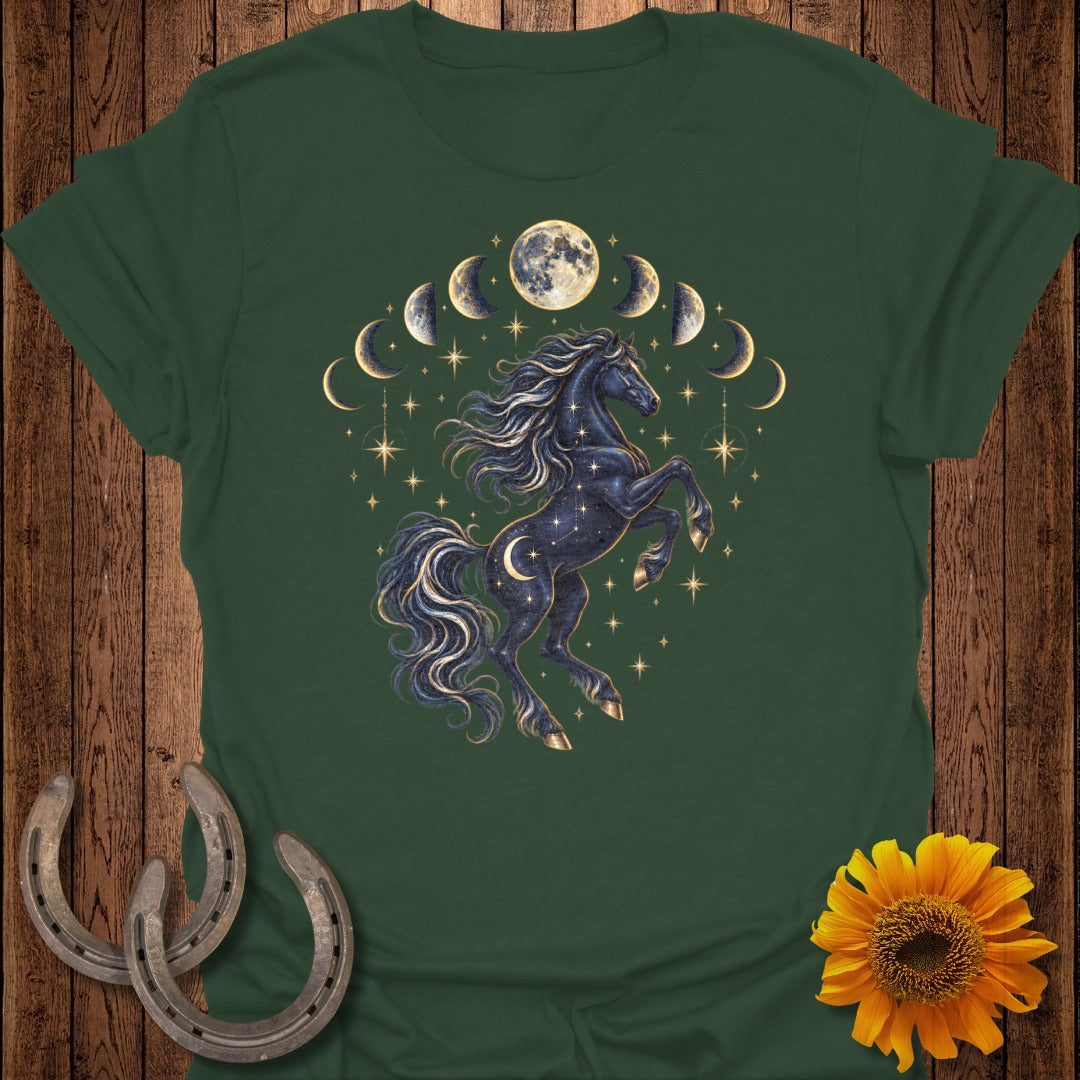 Dark green t-shirt with a celestial black horse surrounded by moon phases and stars.
