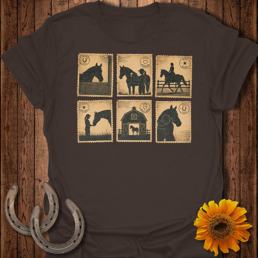 Brown t-shirt featuring six vintage stamp-style graphics of horses and people.