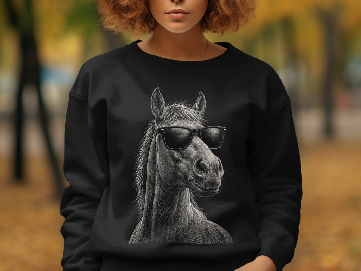 Black crewneck sweatshirt with a detailed sketch of a horse wearing sunglasses.