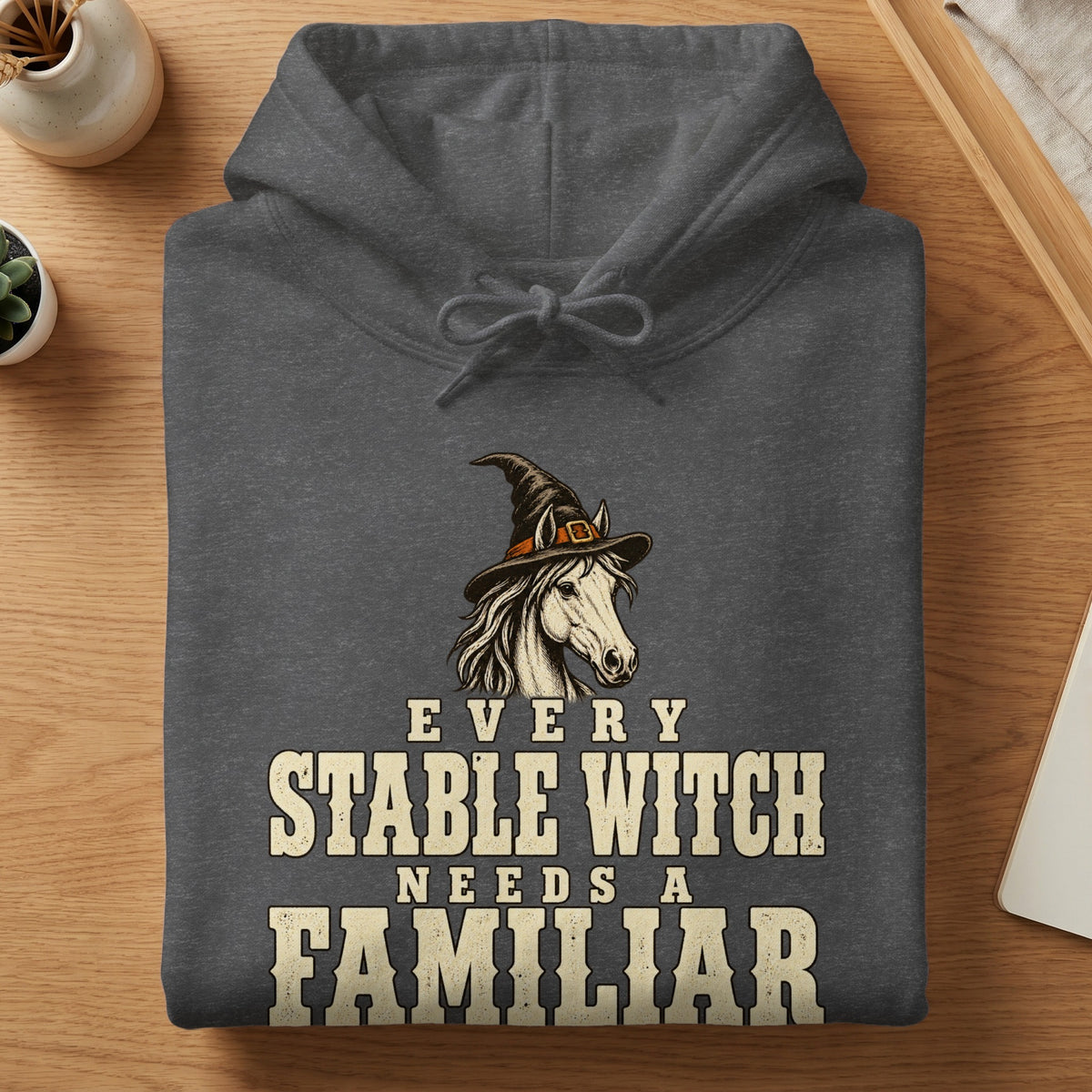Dark grey hoodie with a graphic of a horse wearing a witch hat and text "EVERY STABLE WITCH NEEDS A FAMILIAR".