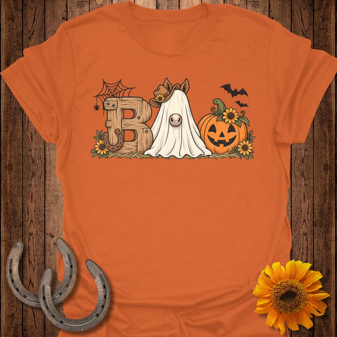 Horse ghost in cowboy hat with "BA" and Halloween pumpkin and bats.