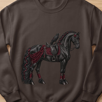 Black horse with ornate saddle and raven, dark brown sweatshirt.