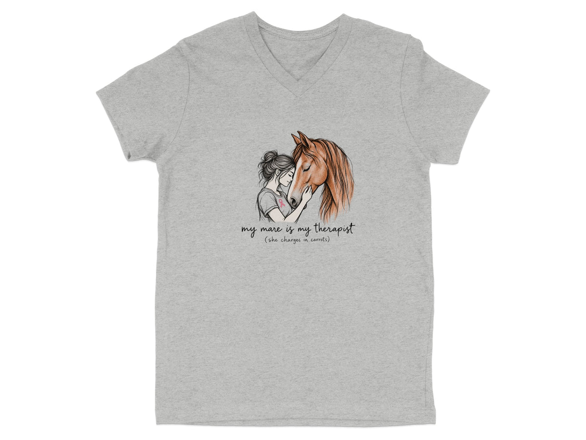 Woman hugging horse with text "my mare is my therapist"