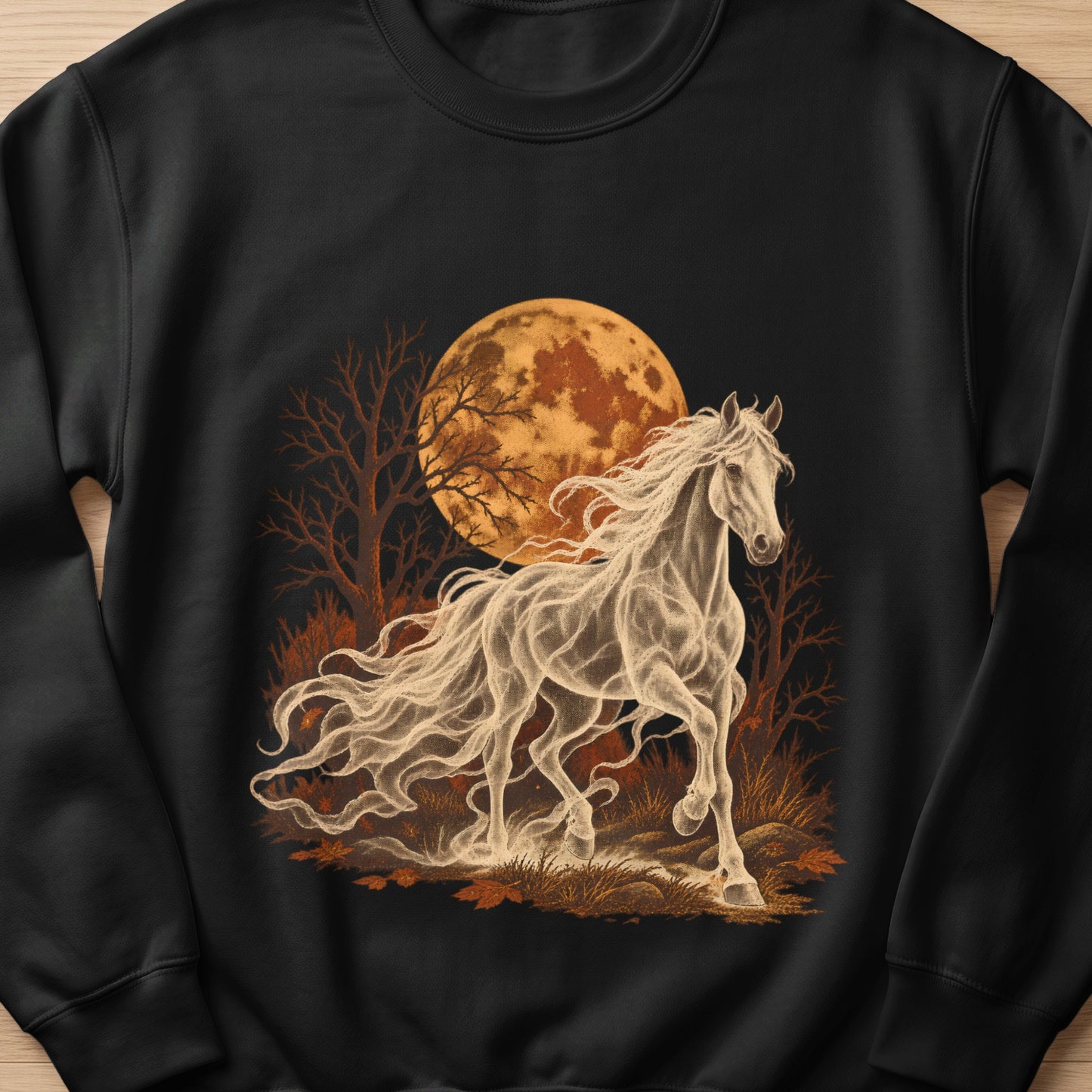 Ghostly horse running through a moonlit, autumnal forest with bare trees.
