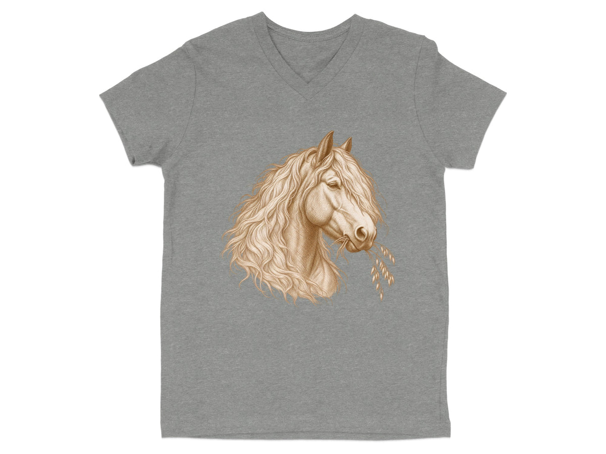 Grey v-neck t-shirt with a sepia-toned drawing of a horse's head with a wheat stalk in its mouth.