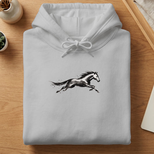 White hooded sweatshirt with a black and white watercolor horse graphic.