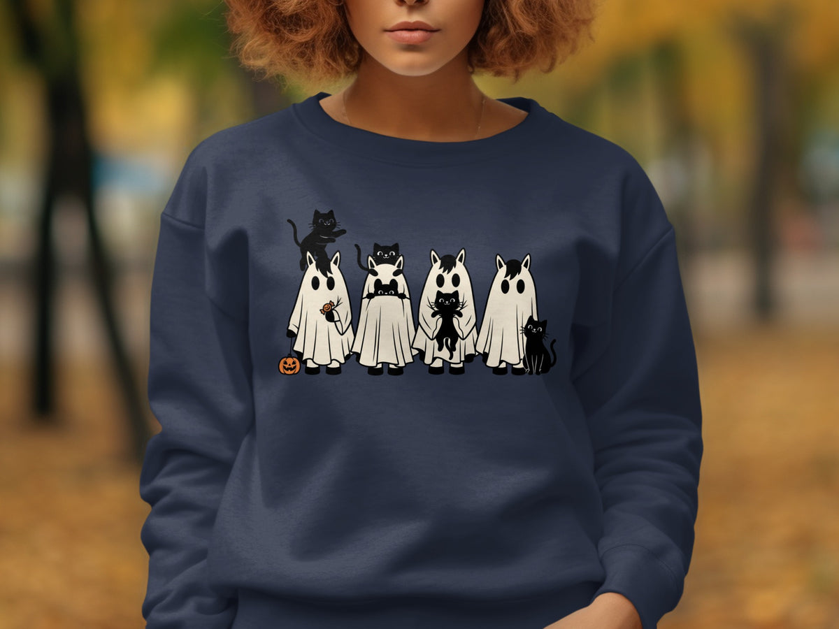 Crewneck sweatshirt with a Halloween-themed print of cats dressed as ghosts.