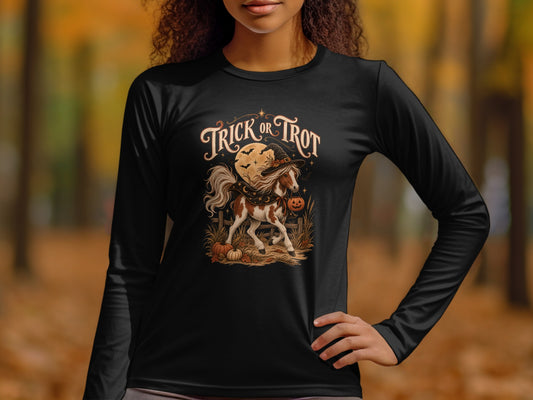 Black long-sleeve shirt with "Trick or Trot" text and a Halloween-themed horse graphic.