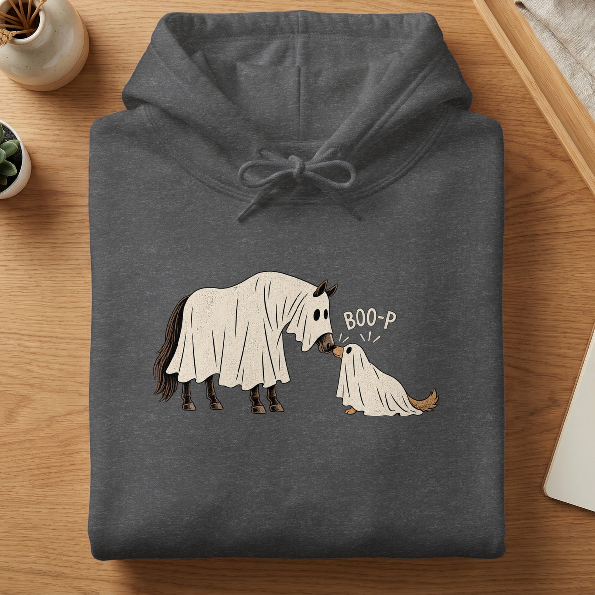 Horse and duck dressed as ghosts with "BOO-P" text on a charcoal hoodie.