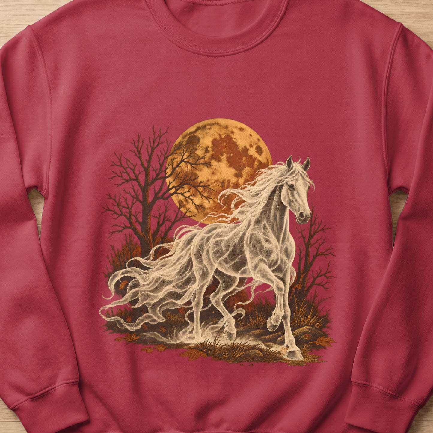 Ghostly white horse running in front of a full moon and barren trees.