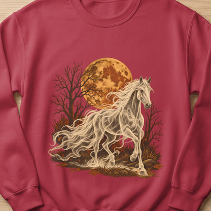 Ghostly white horse running in front of a full moon and barren trees.