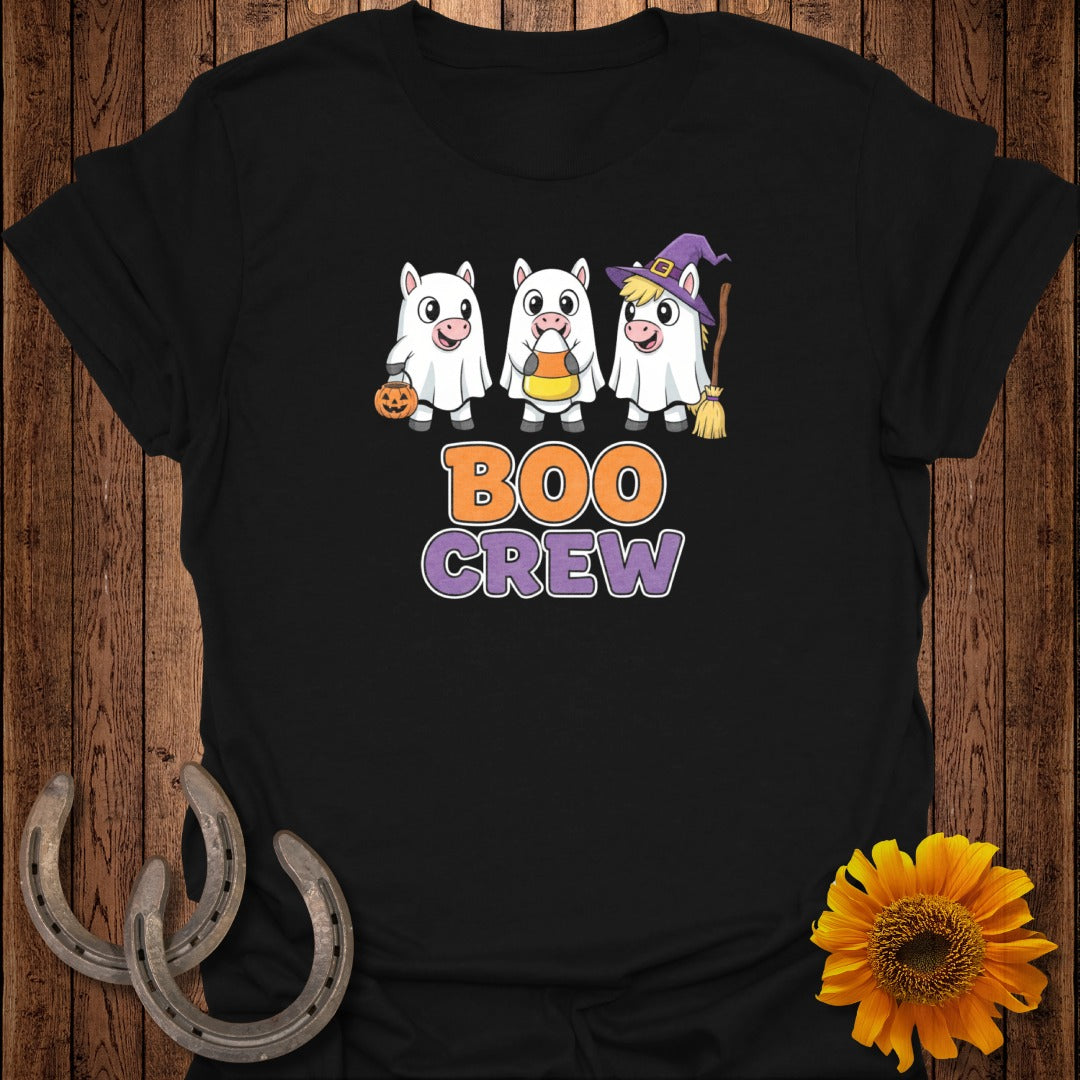 Black t-shirt with three cartoon pigs in ghost costumes and "Boo Crew" text.