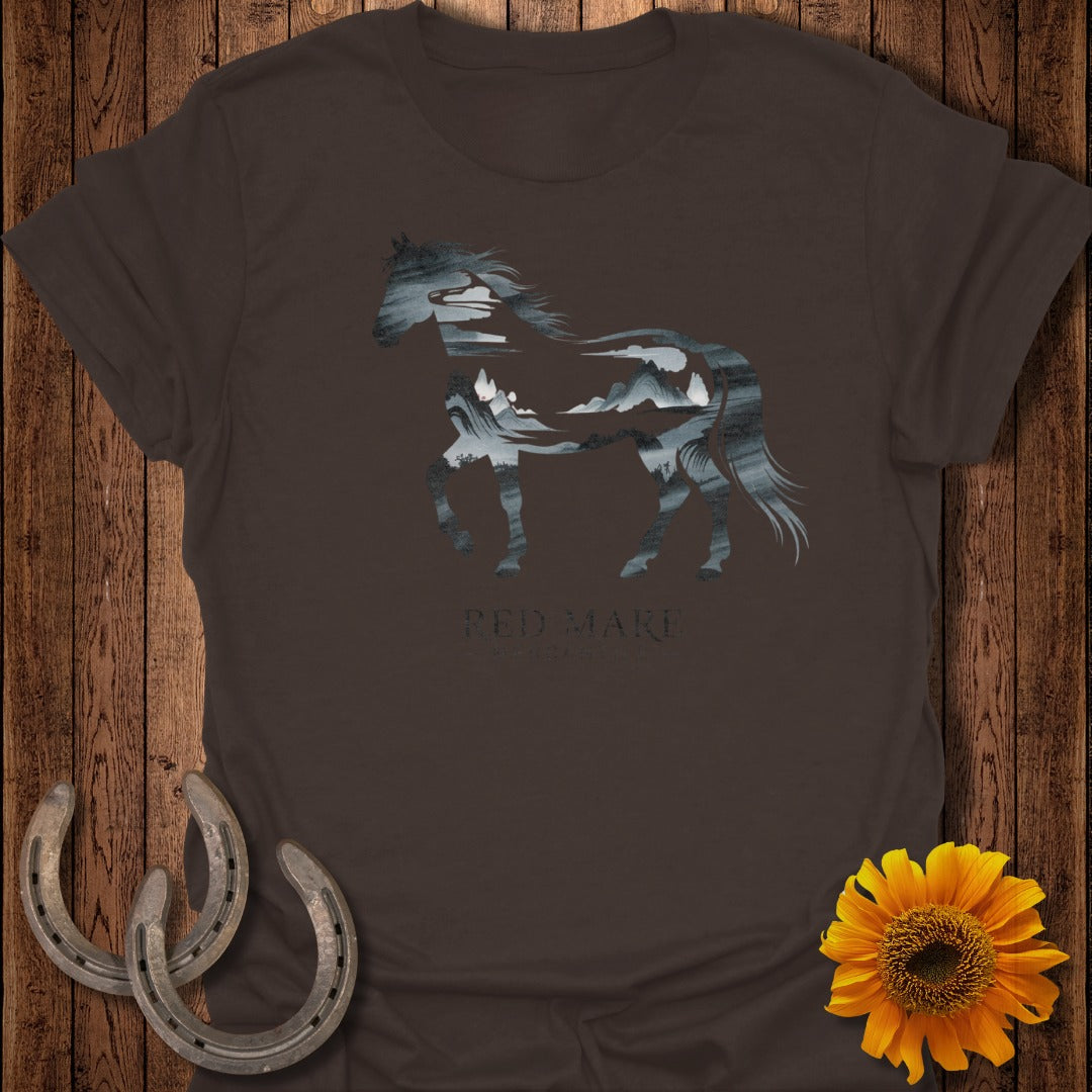 Dark brown t-shirt with a horse silhouette filled with a mountain and ocean landscape.