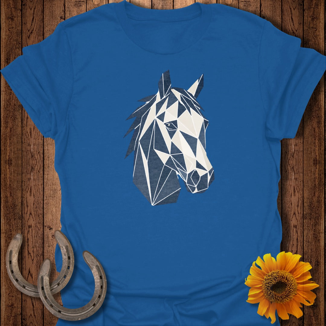 Blue t-shirt with abstract geometric horse head graphic.