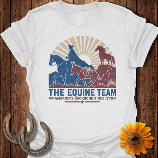 The Equine Team America's Backbone Since 1776 text over horses and rider graphic.
