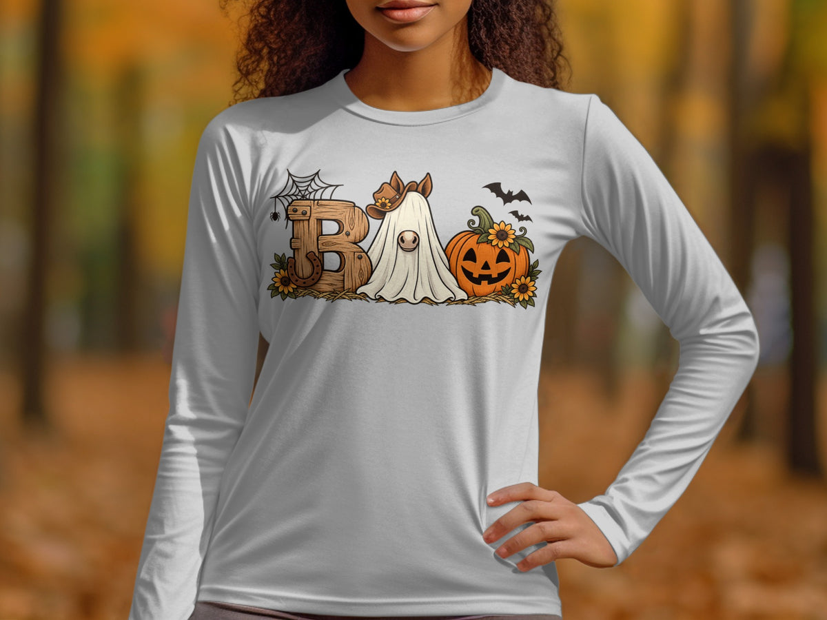 Ghost, pumpkin, and wood letter "B" with Halloween-themed decorations.