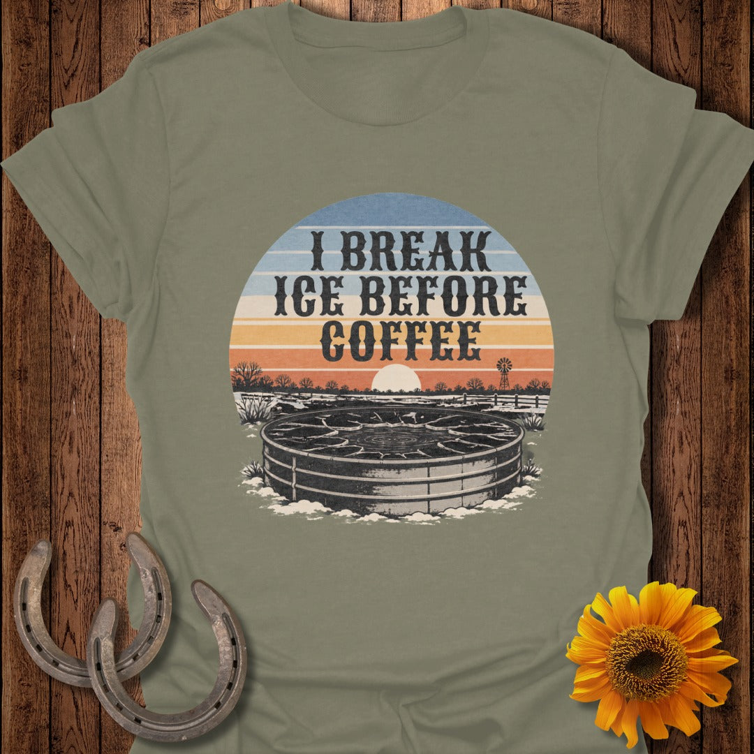 Olive green t-shirt with "I Break Ice Before Coffee" text and farm scene.