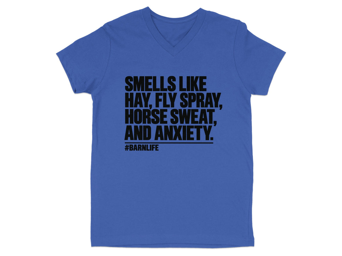 Blue v-neck t-shirt with black text "SMELLS LIKE HAY, FLY SPRAY, HORSE SWEAT, AND ANXIETY. #BARNLIFE"