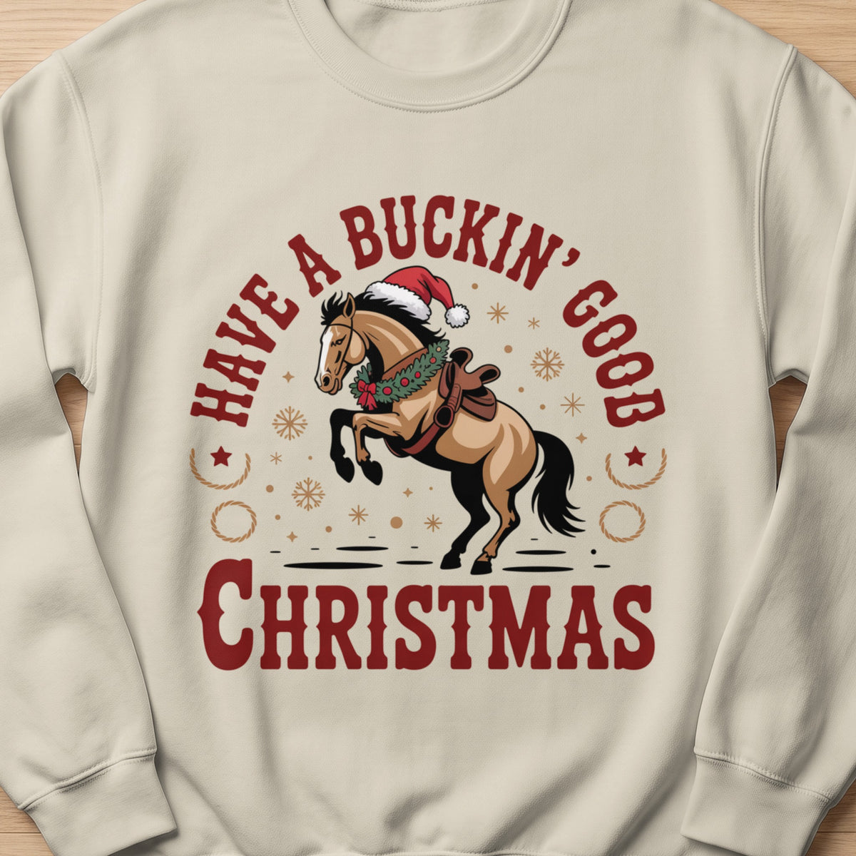 Horse with Santa hat and wreath, "Have a Buckin' Good Christmas" text.