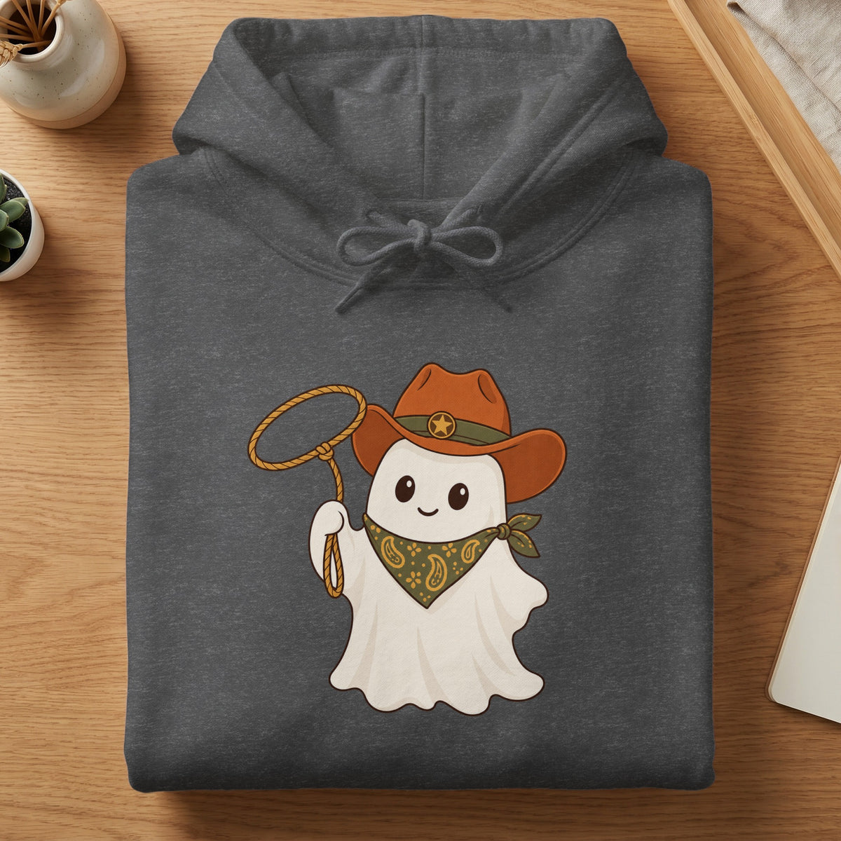 Dark gray hoodie with a cute cartoon ghost wearing a cowboy hat and bandana, holding a lasso.