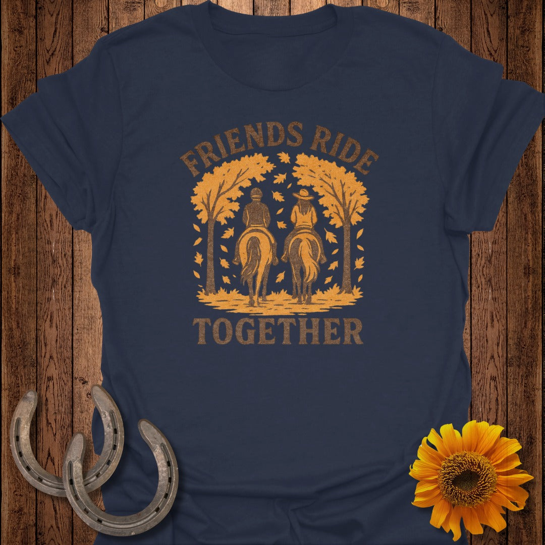 T-shirt with orange graphic of two people on horseback, text "FRIENDS RIDE TOGETHER".