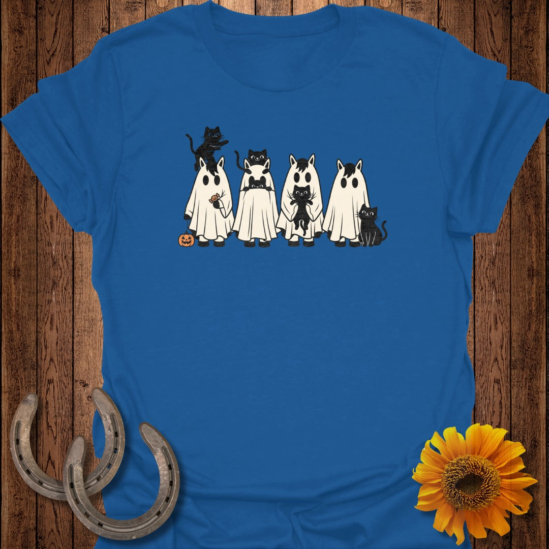 Ghost costumes with cats and a pumpkin graphic on a blue t-shirt.