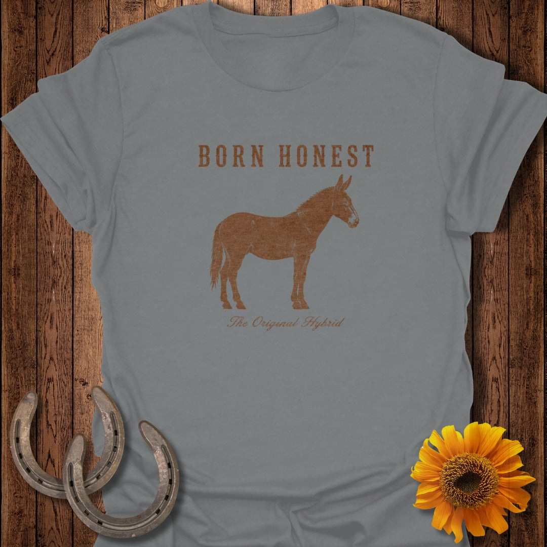 Grey t-shirt with "Born Honest The Original Hybrid" and a donkey silhouette.