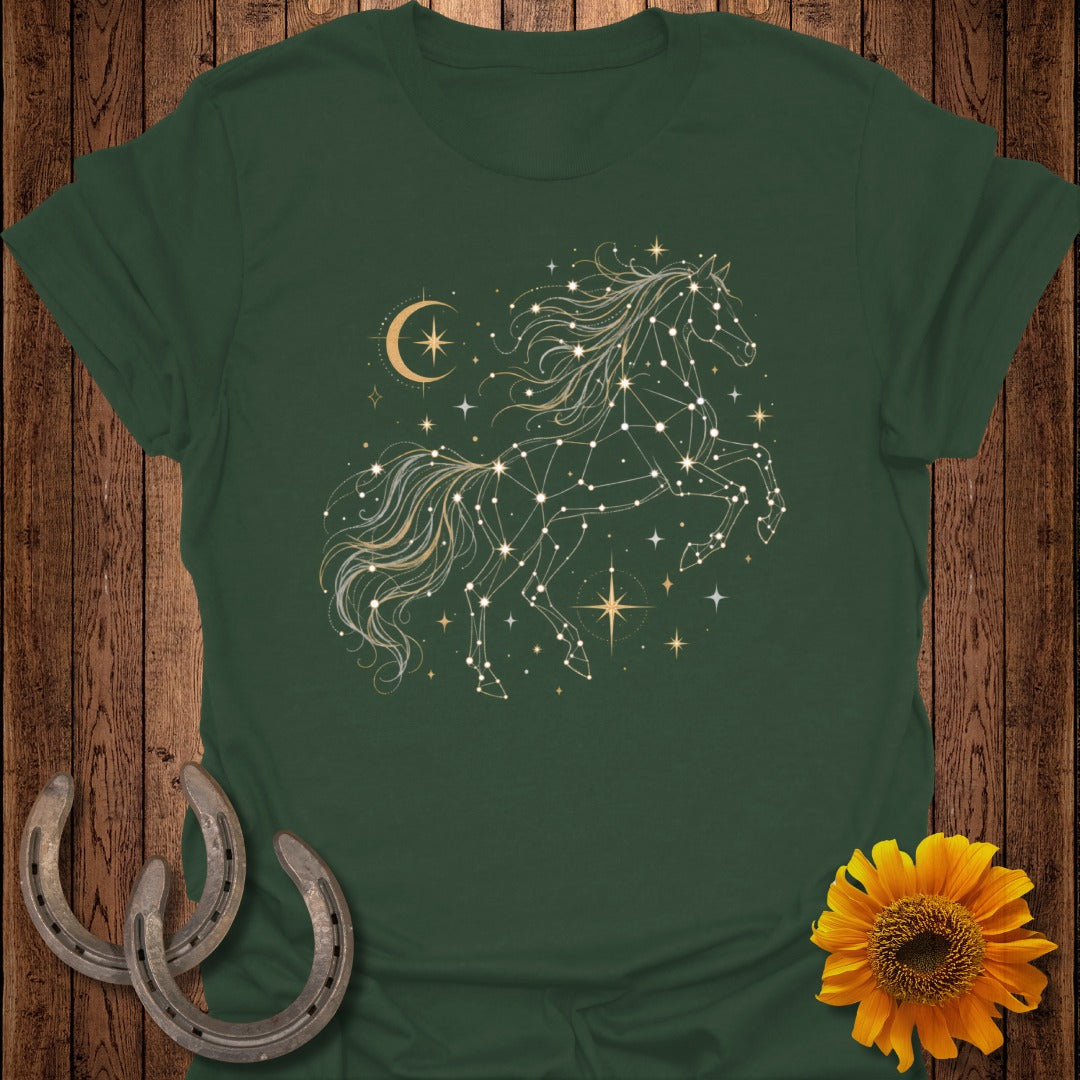 Dark green t-shirt with a constellation horse graphic and a crescent moon.