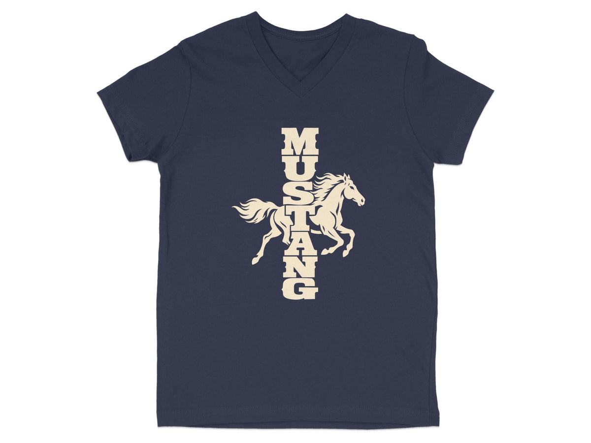 A dark blue V-neck t-shirt with a cream graphic of a galloping horse and vertical text spelling Mustang.