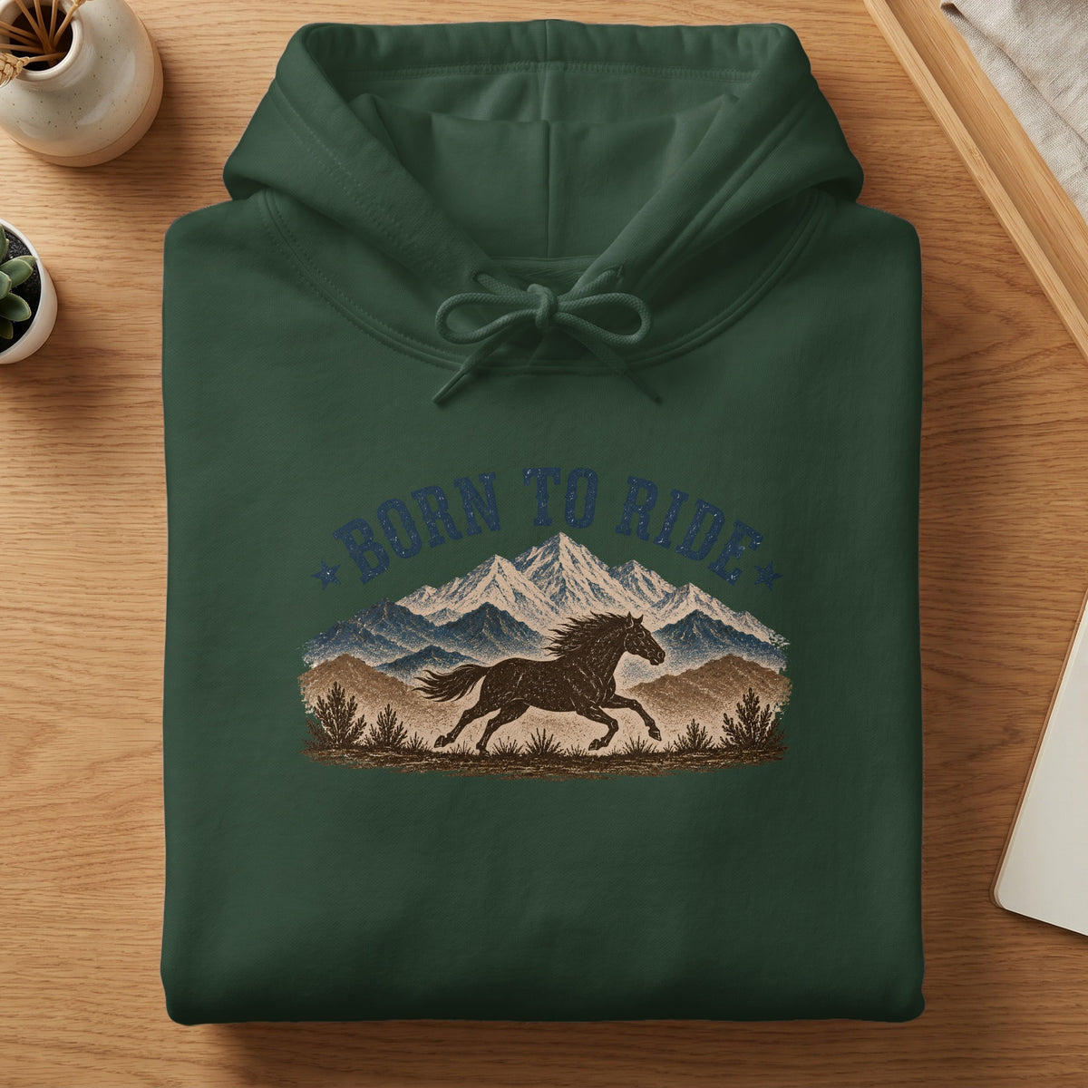 Dark green hoodie with "Born to Ride" text and a running horse graphic.